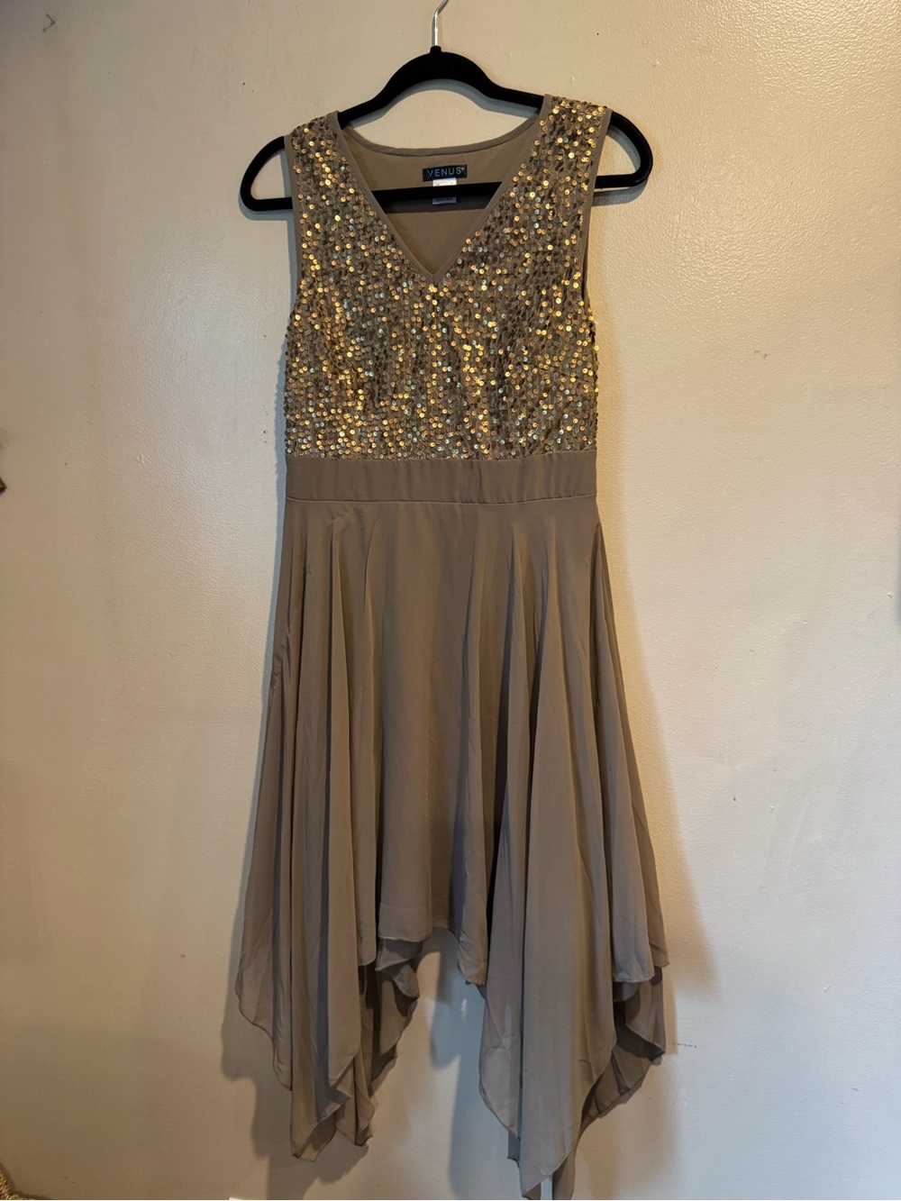VENUS Taupe Sequin V-Neck Handkerchief Hem Cocktail Dress